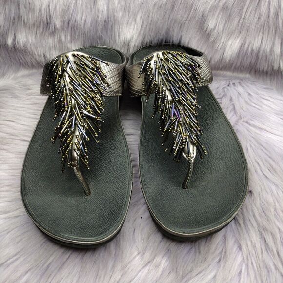 FitFlop Women’s Cha Cha Beaded Tassel Sandals Nimbus Silver Size 11 Iridescent - Picture 1 of 7